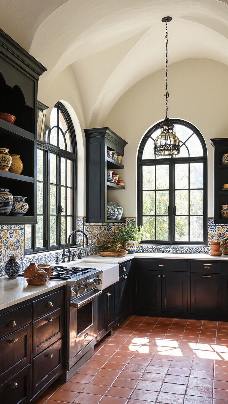 Mediterranean black kitchen with terracotta floors, arched windows, black cabinets, colorful pottery on open shelves, and hand-painted tile backsplash illuminated by late morning sunlight.