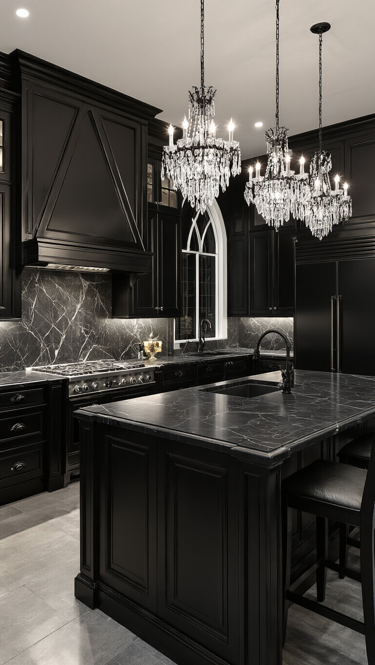 Gothic modern black kitchen with pointed arches, high-gloss cathedral-style cabinets, dramatic marble veining, crystal chandeliers, and theatrical evening lighting.