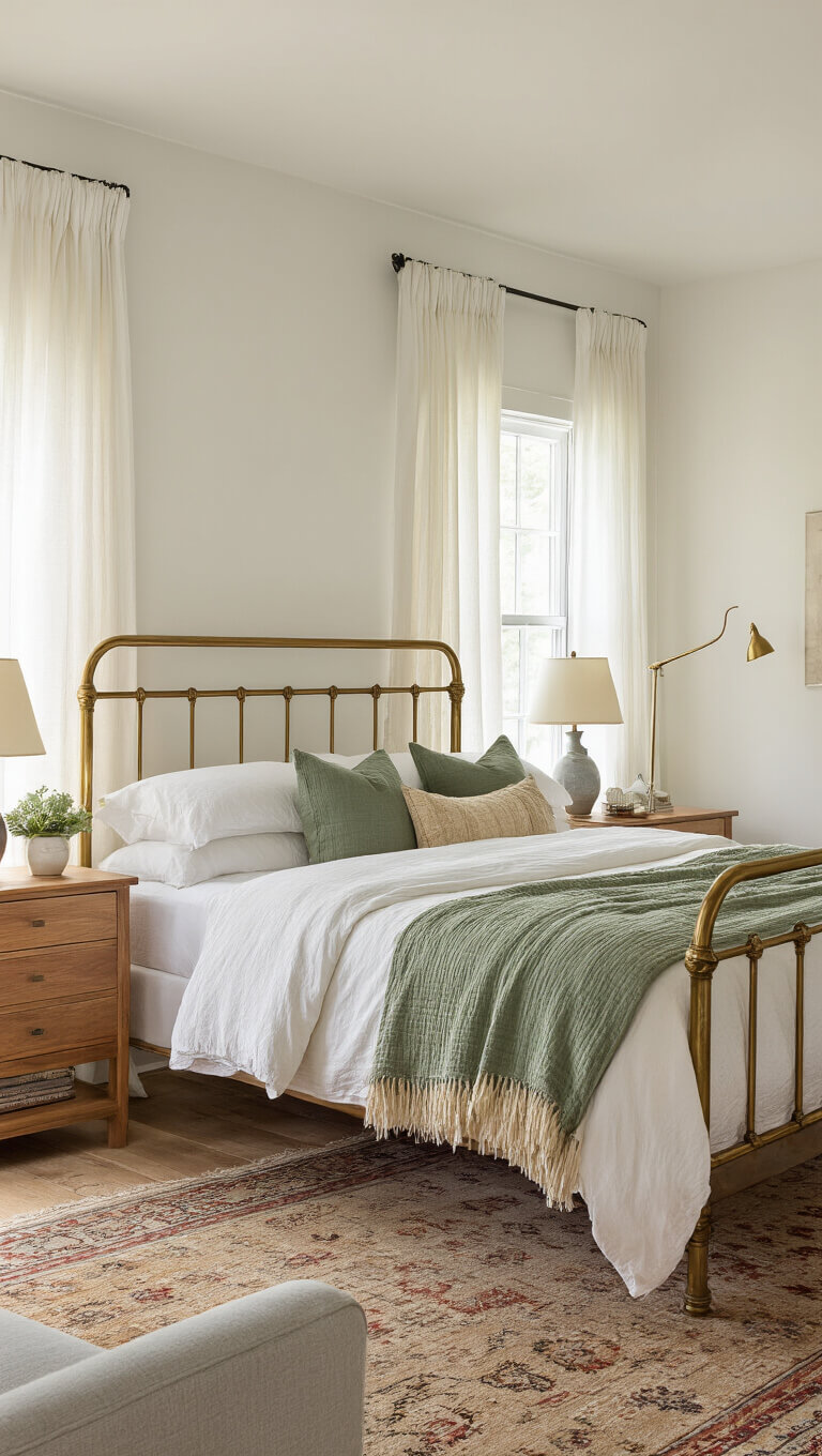 Sunlit guest bedroom with vintage brass bed, white linens, sage throws, natural wood furniture, and cozy reading nook.