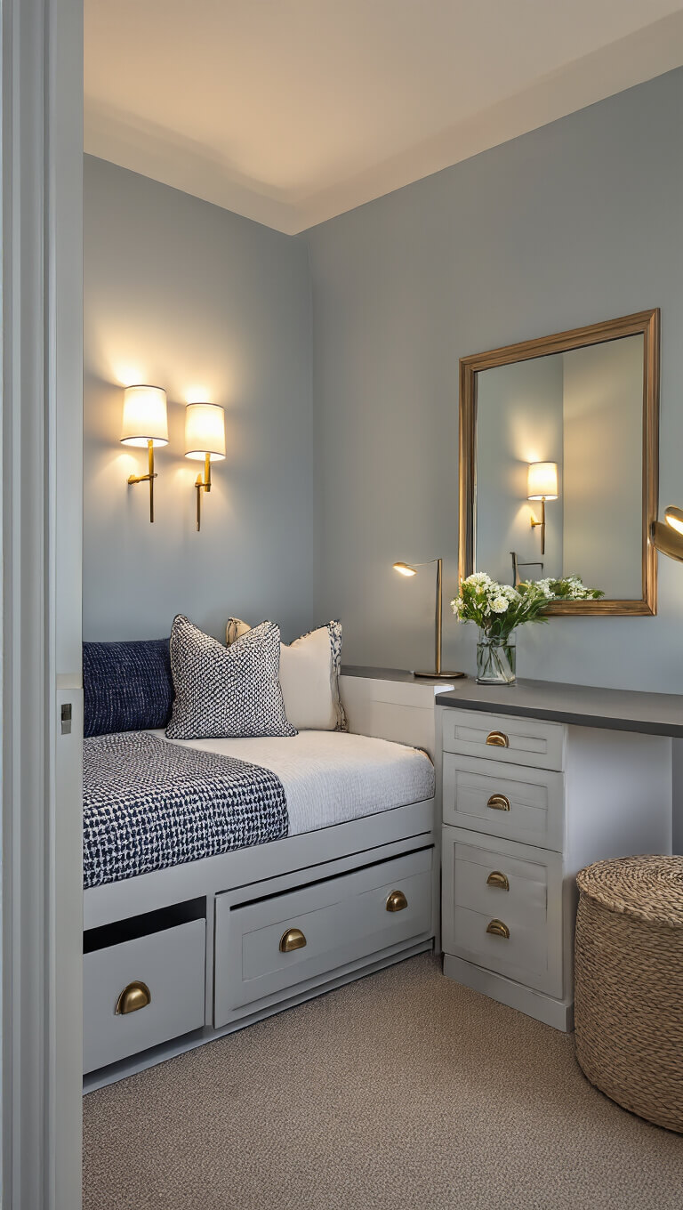 Cozy 10x10ft guest room with daybed, warm sconce lighting, pale blue-gray walls, floating desk, brass accents, and large mirror at golden hour.
