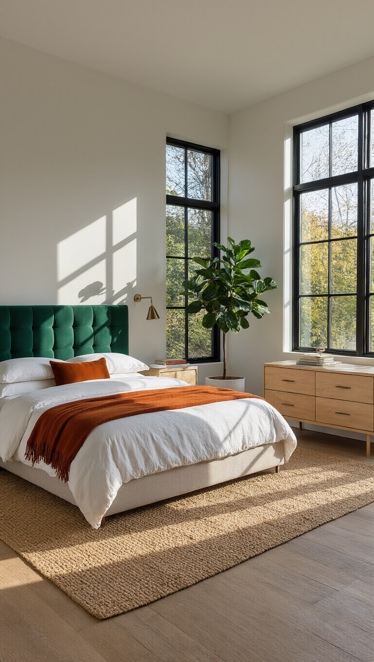Bright guest suite with emerald velvet bed, textured bedding, oak dresser, fiddle leaf fig, and dramatic afternoon shadows through steel-framed windows.