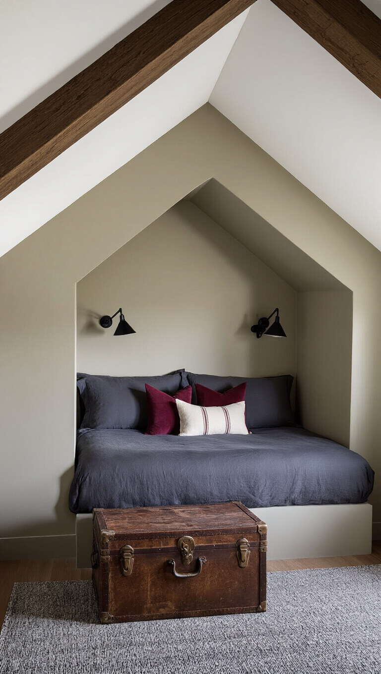 High-angle view of a cozy built-in bed nook with vaulted ceiling and exposed beams, charcoal linens with burgundy accents, industrial sconces, and vintage leather trunk bedside table, captured at blue hour.