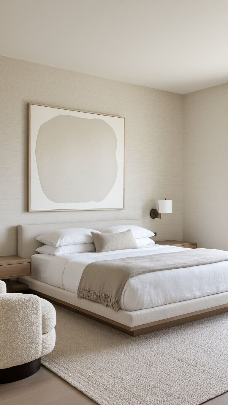 Modern minimalist guest room with low-profile bed, bouclé chair, and abstract artwork in warm neutral tones seen from above.