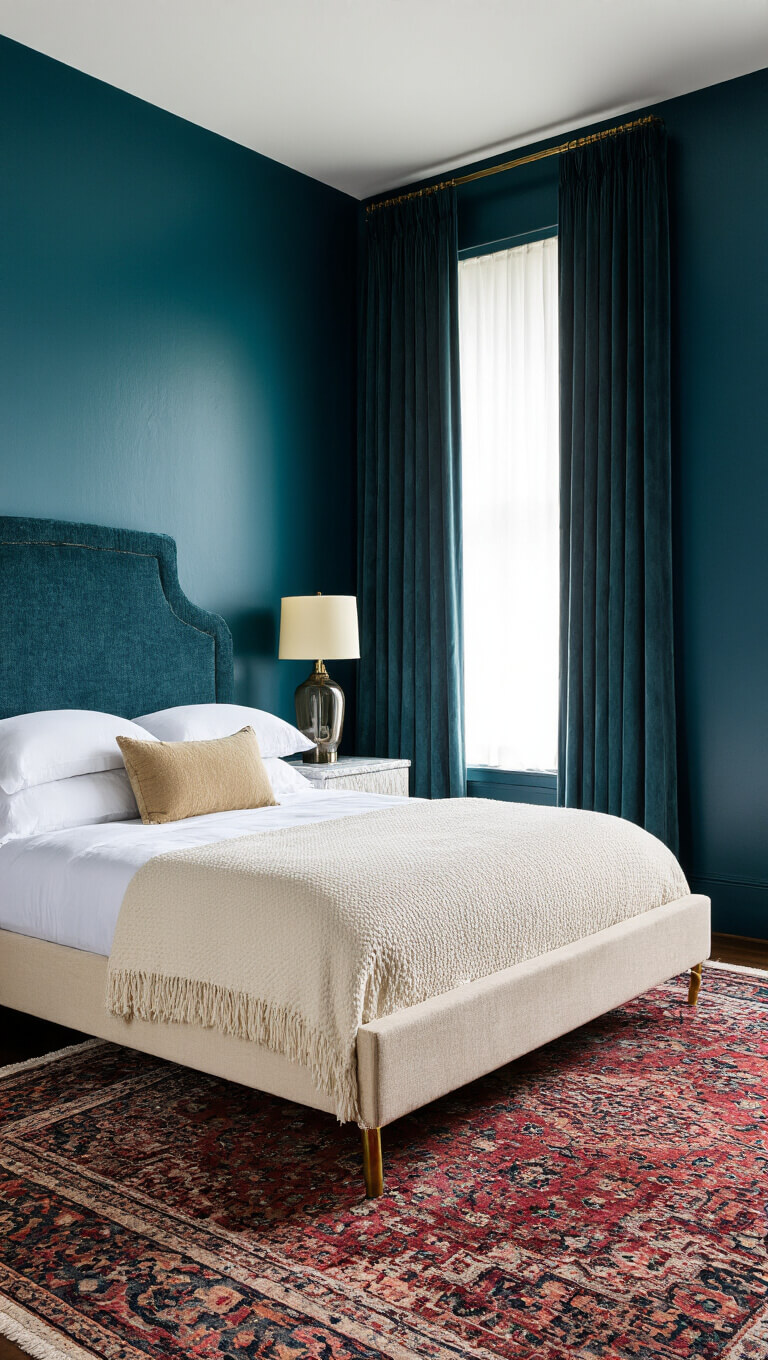 Luxurious guest room with peacock blue walls, cream bouclé bed, vintage Persian rug, marble nightstands, and velvet curtains under moody lighting.