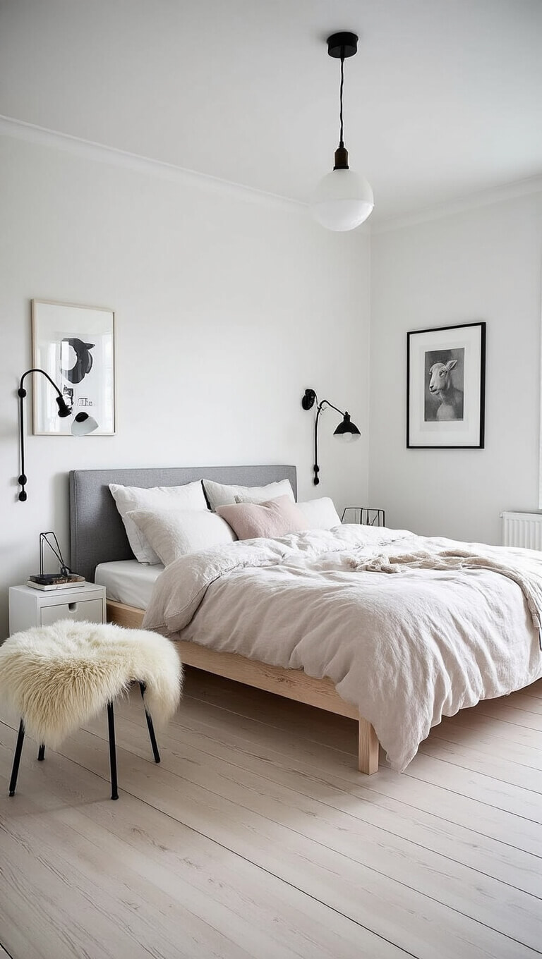 Scandinavian-style guest room with white walls, light maple floors, platform bed, soft blush bedding, black metal accents, and sheepskin throws.