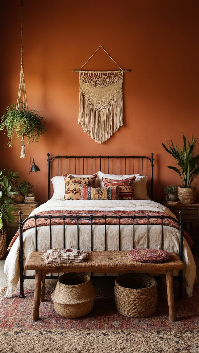 Eclectic bohemian guest room bathed in golden hour light with terra cotta walls, iron bed, vintage textiles, macramé wall hanging, mixed wood furniture, plants, and woven baskets.