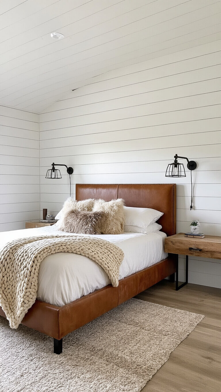 Mountain modern guest room at dawn with warm white shiplap walls, queen bed with leather headboard, textured throws and pillows, iron sconces, and raw wood floating shelf nightstand.