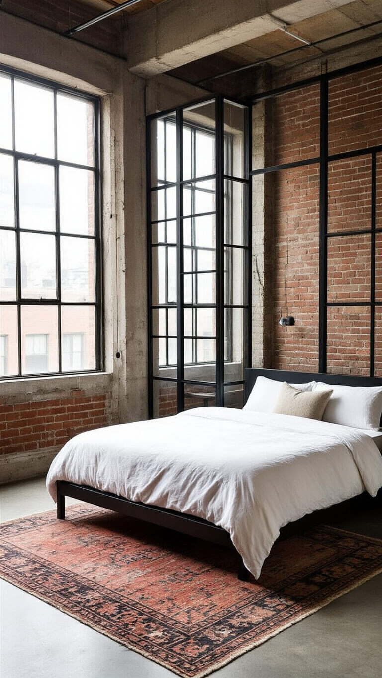 Urban loft guest room with platform bed, large industrial windows, concrete floors, vintage rug, and metal-glass room divider.