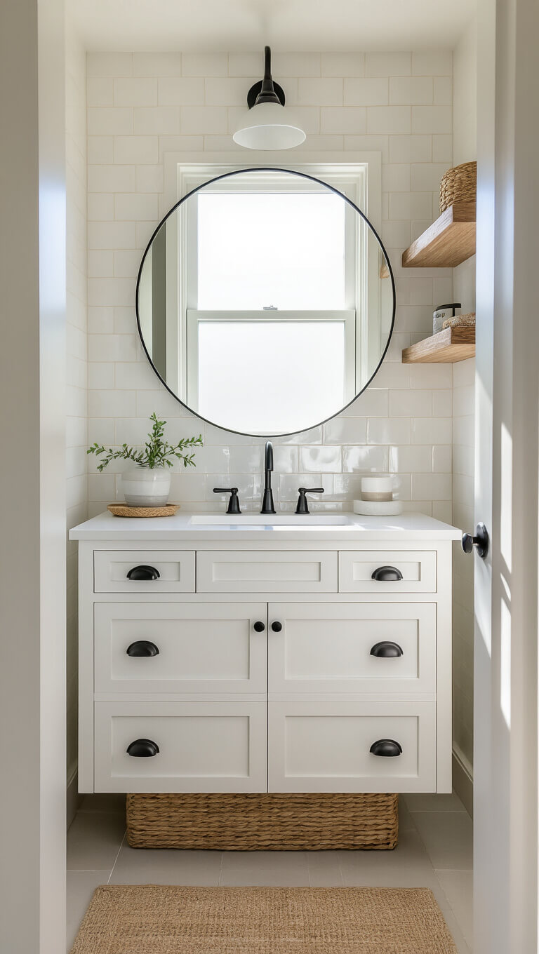 Bright 5x7ft bathroom with floating white oak vanity, zellige tile walls, round mirror, and morning light through frosted window.