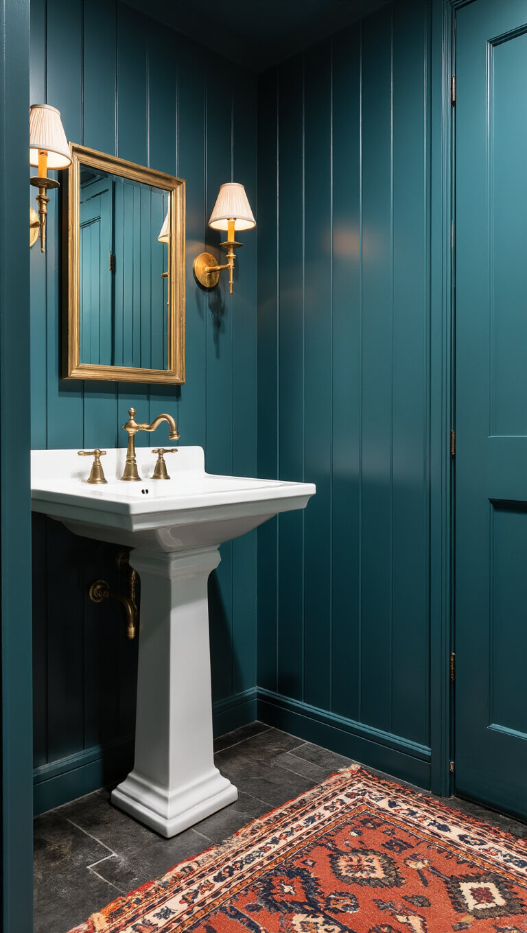 Moody evening powder room with dark teal shiplap walls, white pedestal sink, vintage brass sconces, Turkish kilim rug, and dramatic side lighting highlighting textures.