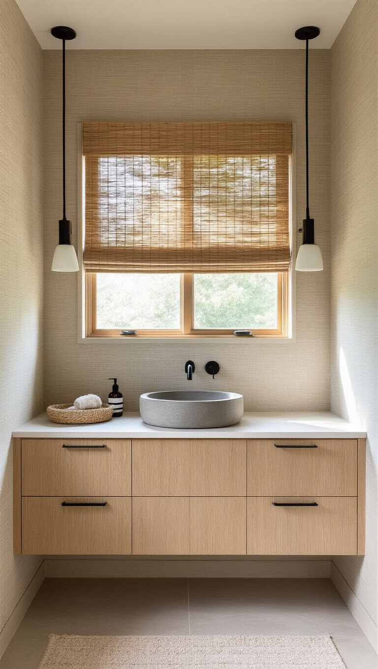 Overhead view of Japandi-style bathroom with light oak floating vanity, concrete vessel sink, grasscloth wallpaper, and bamboo shade filtering soft natural light.
