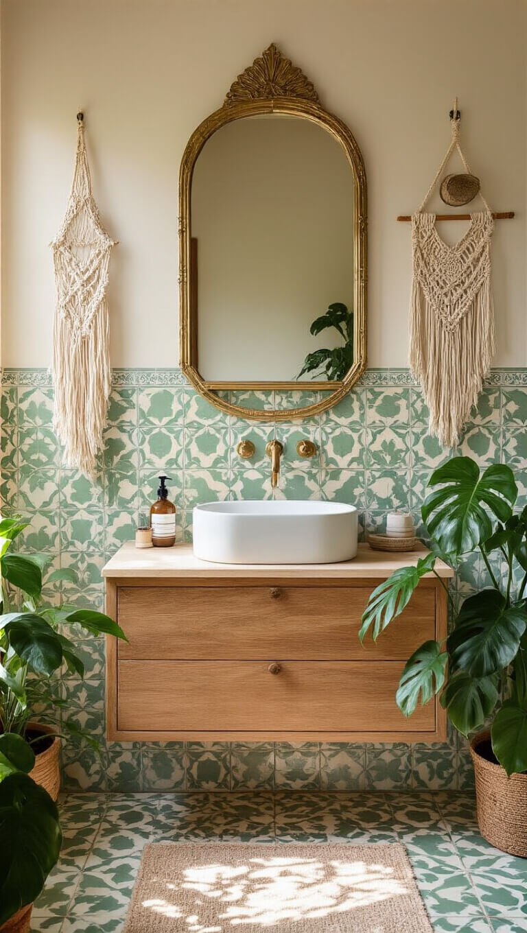 Boho bathroom at dawn with Moroccan sage and cream tiles, teak vanity, vintage brass mirror, macramé wall hanging, and potted monstera.
