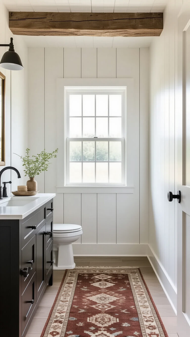 Low-angle view of a modern farmhouse powder room with white vertical shiplap, exposed wooden beam, matte black hardware, antique brass vanity light, and vintage Turkish runner in natural afternoon light.