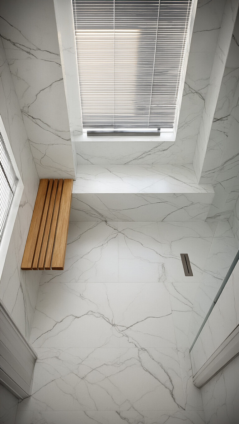 Bird's eye view of a zen-minimal 7x7ft bathroom at sunrise with white marble-look tiles, curbless shower, floating teak bench, and brushed nickel linear drain.