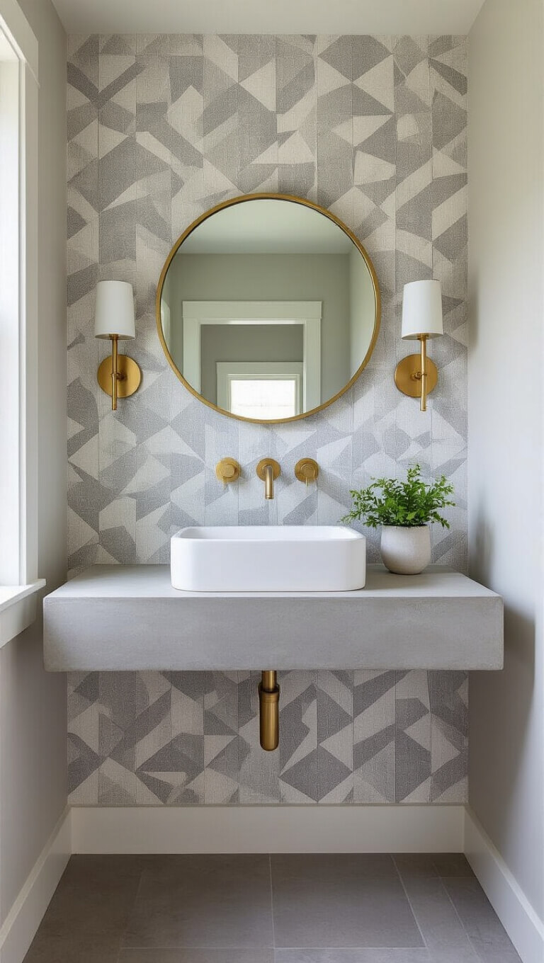 Contemporary powder room with soft grey geometric wallpaper, floating concrete vanity, circular brass mirror, and modern sconce in natural afternoon light.