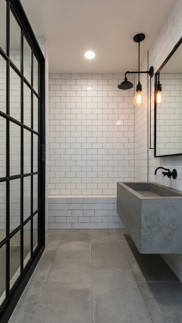 Industrial-modern 6x8ft bathroom at dusk with black steel-framed shower, white subway tiles, concrete floating vanity, and warm Edison bulb lighting.