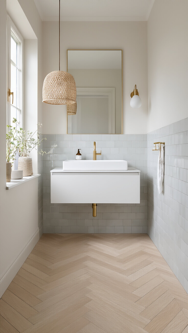 Scandinavian 5x7ft bathroom with pale oak herringbone floor, white wall-mounted vanity, brass fixtures, grey penny tile walls, and woven pendant in soft morning light.