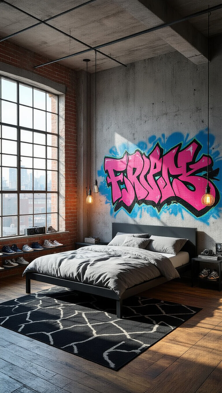 Industrial loft bedroom with graffiti mural, platform bed, sneaker display, and warm natural lighting.