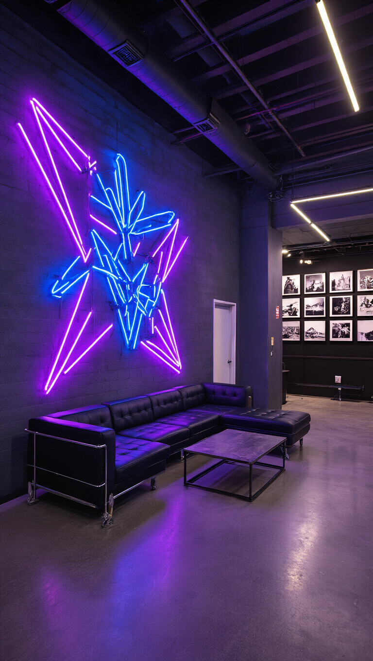Open-concept neon-lit lounge with black leather sectional, industrial decor, and custom purple-blue neon art on concrete wall.