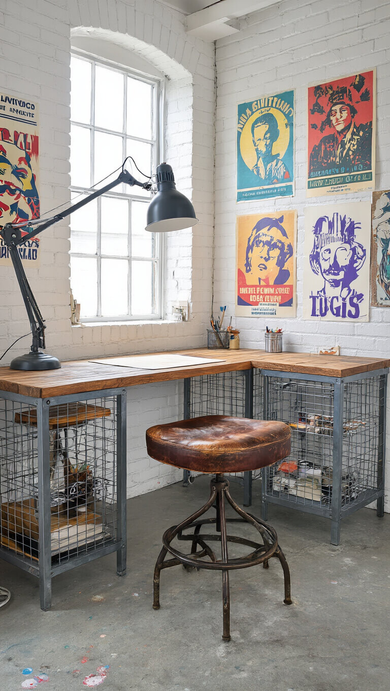 Urban art studio corner with white brick walls, colorful posters, industrial desk, leather drafting stool, wire mesh storage, oversized floor lamp, and paint-splattered concrete floor in morning light.