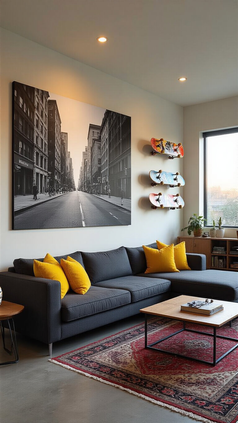 Urban-style living room with charcoal modular sofa, yellow pillows, large street photo, skateboard art wall, mixed metal-wood furniture, and Persian rug over concrete floor at golden hour.