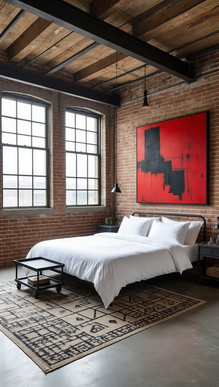 Low-angle view of an industrial minimalist bedroom with exposed steel beams, brick walls, platform bed, street art canvas, and factory windows at dawn.