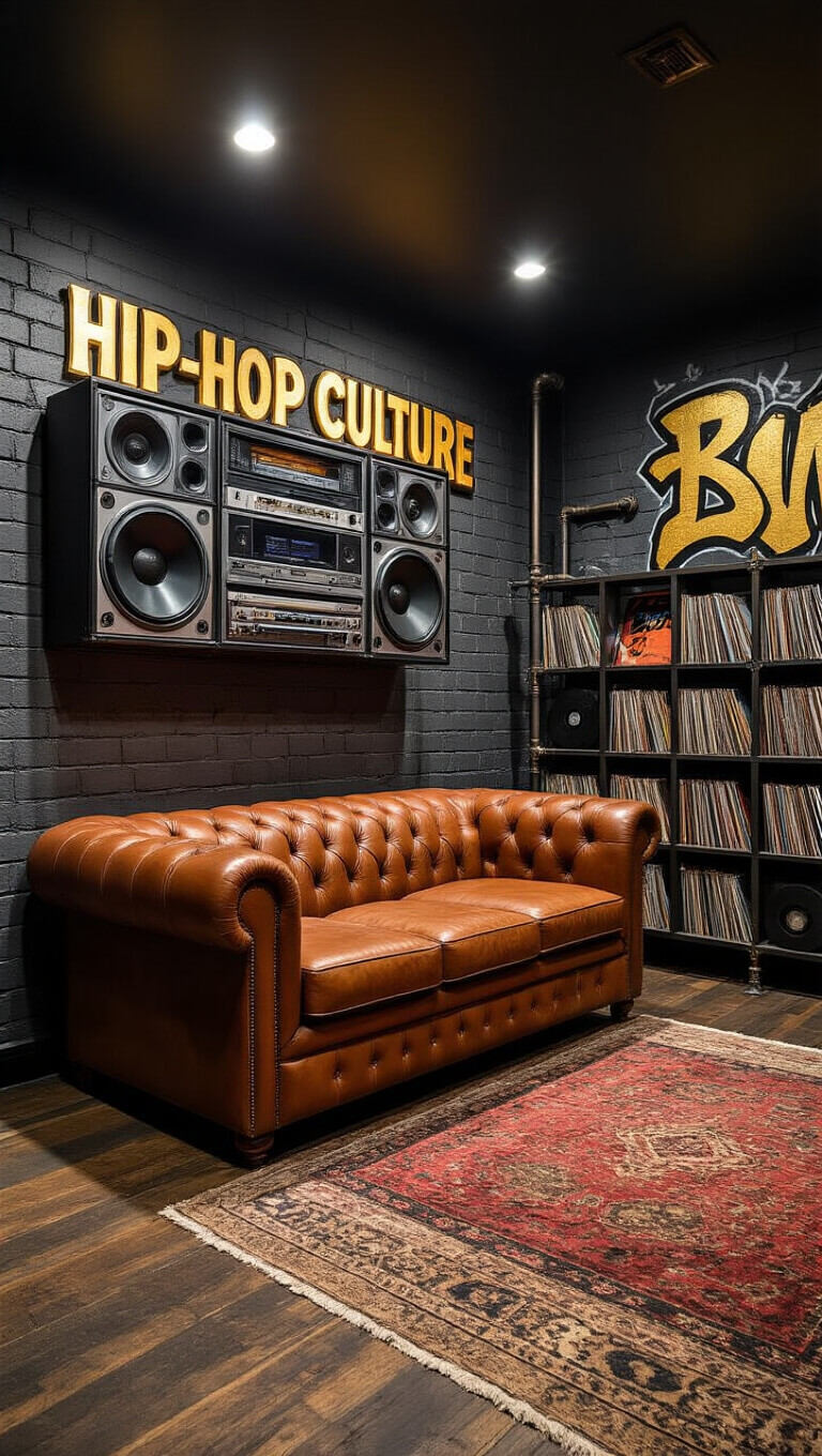 Hip-hop themed entertainment room at night with a custom LED-lit boom box wall, cognac leather Chesterfield sofa, graffiti art, record display on pipe shelves, and layered vintage rugs on distressed wood floors.