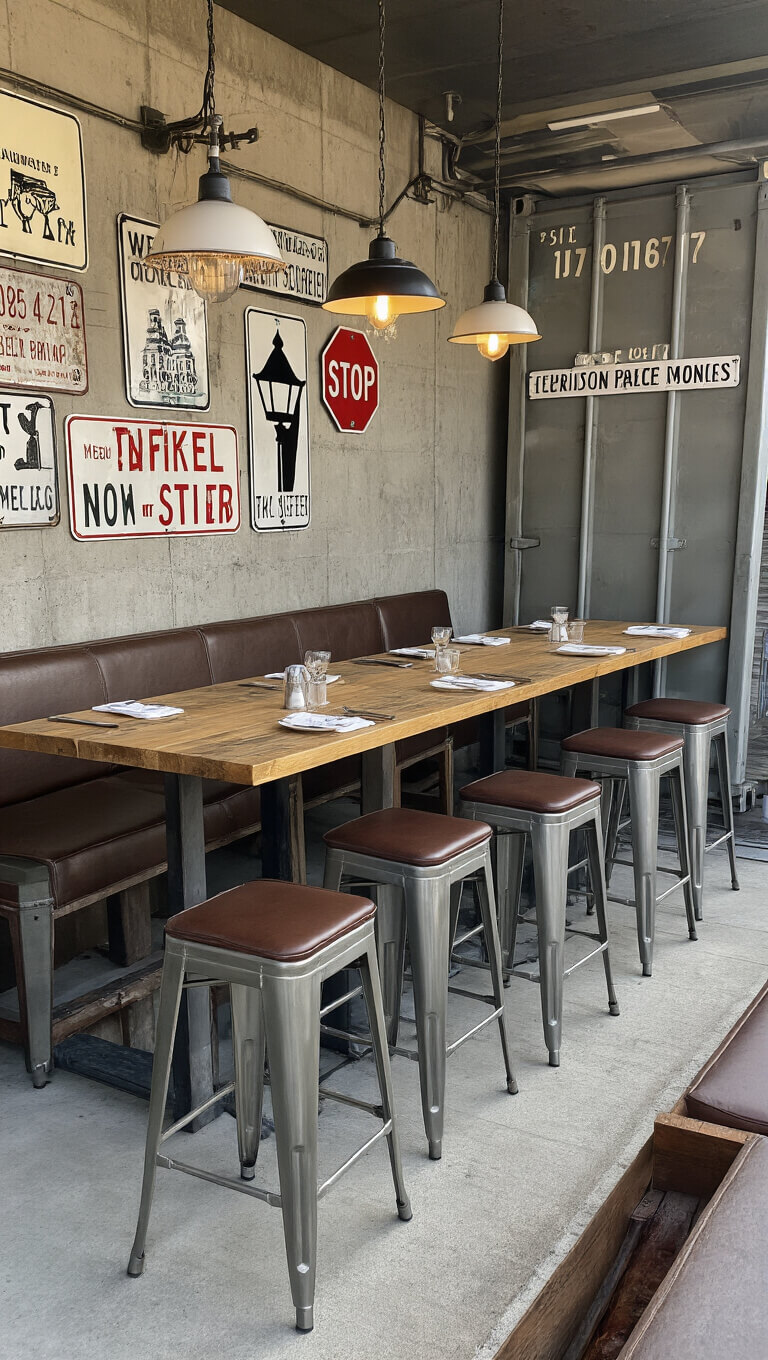 High-angle view of a 14x16ft urban street market dining space with a repurposed shipping container bar, metal stools with leather seats, salvaged street sign wall art, pendant lights from street lamps, and exposed concrete walls.