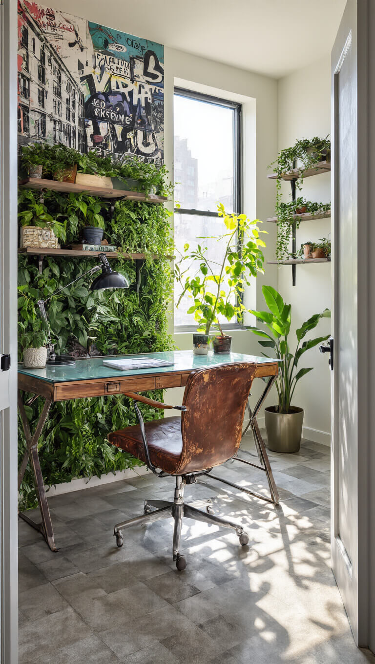 Bright home office with living plant wall and street art, industrial glass-top desk, vintage leather drafting chair, floating shelves with greenery, concrete floor with geometric patterns, bathed in afternoon light.