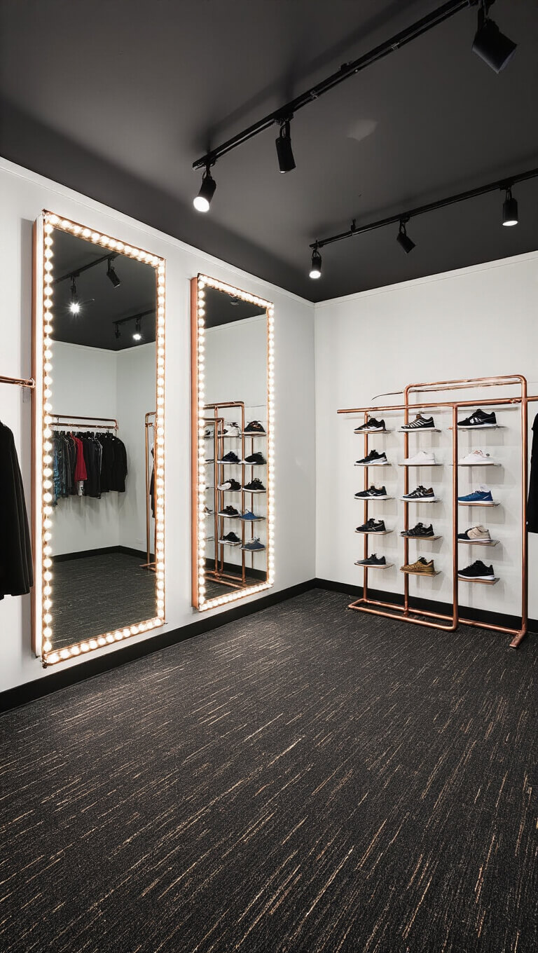 Boutique-style dressing room with LED-framed mirrors, copper clothing racks, sneaker wall, graffiti accents, and plush charcoal carpet.