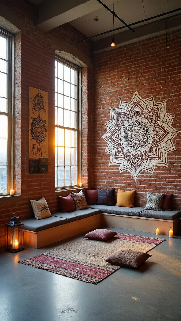 Urban meditation nook with mandala street art, low platform seating, LED lanterns, and meditation cushions in soft sunrise light.