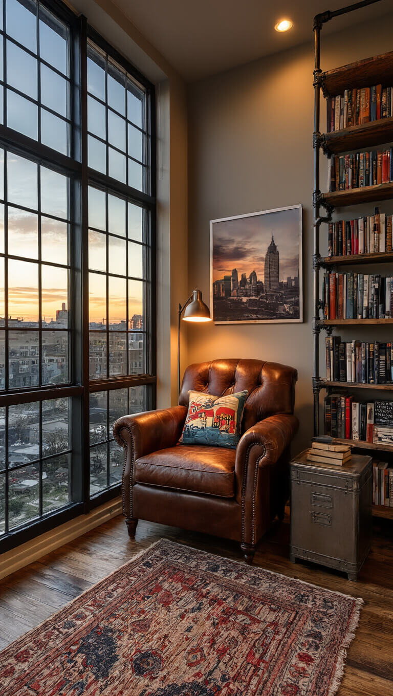 Cozy urban reading nook with industrial pipe bookshelf, vintage leather chair, cityscape photos, and warm sunset lighting.