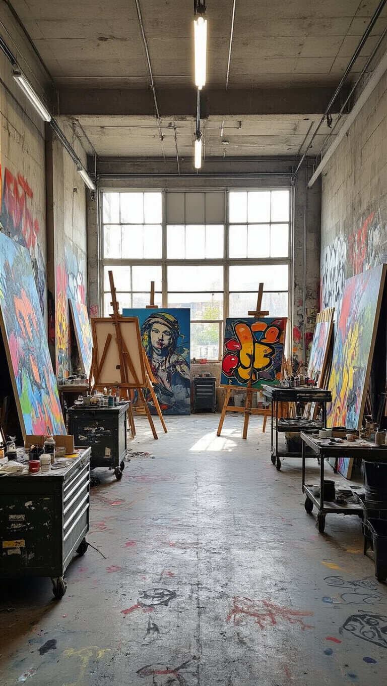 Street artist's 16x20ft studio at midday with paint-splattered walls, murals in progress, industrial easels, vintage tool chest, and scattered art supplies in bright natural light.