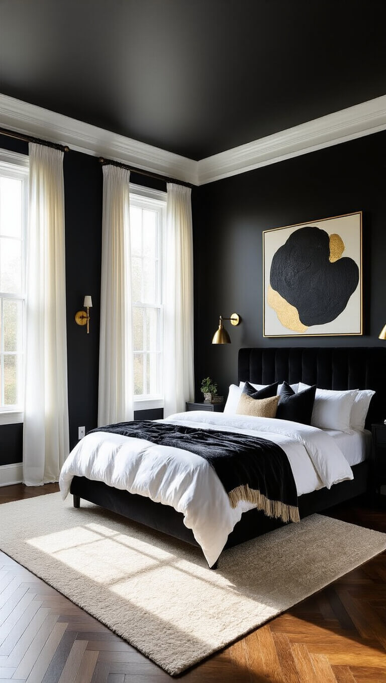 Elegant 14x16ft bedroom with black walls, white crown molding, king bed in luxe linens, warm golden hour light through sheer curtains, herringbone floors, and brass sconces.