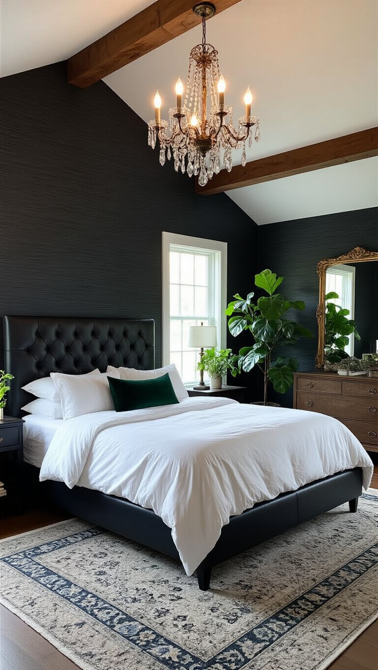 Moody blue hour bedroom with black grasscloth walls, exposed beams, crystal chandelier, tufted bed with white and emerald bedding, brass mirror, and potted monstera.