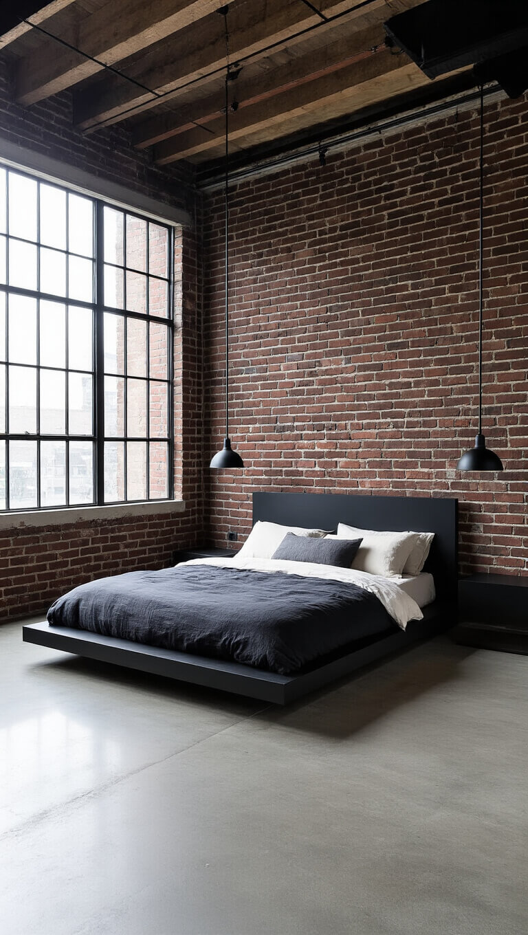 Modern loft bedroom with black brick wall, concrete floors, minimalist platform bed, and morning light through steel-framed windows.