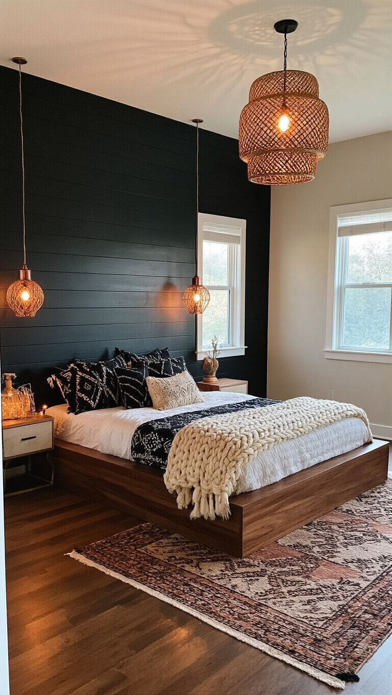 Cozy twilight bedroom with black shiplap wall, walnut platform bed, warm ambient lighting, layered textiles, and rattan pendant casting shadows.