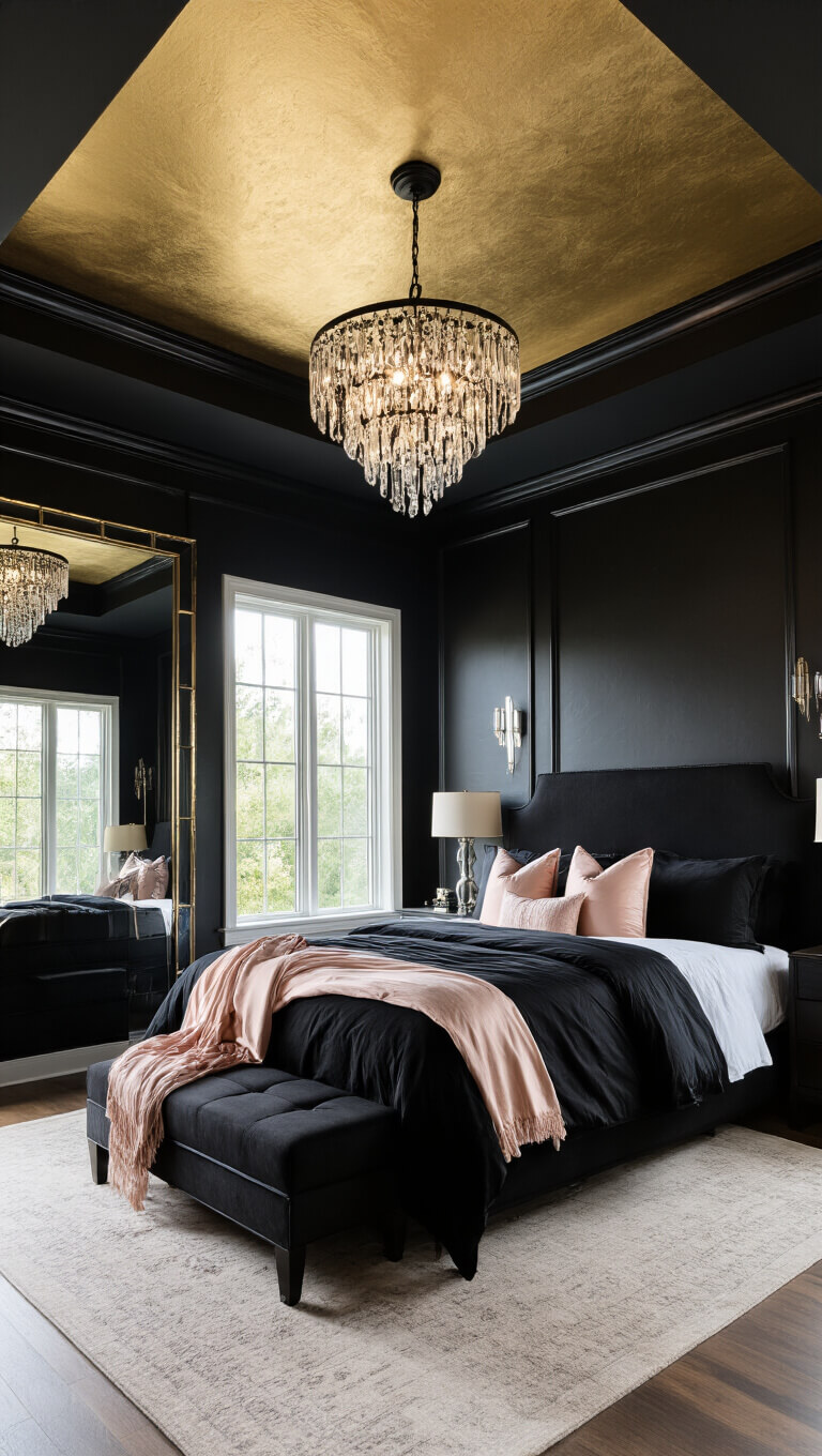 Luxurious 15x18ft master suite with black venetian plaster walls, gold tray ceiling, crystal chandelier, mirrored walls, and a California king bed in black Egyptian cotton with blush silk accents.