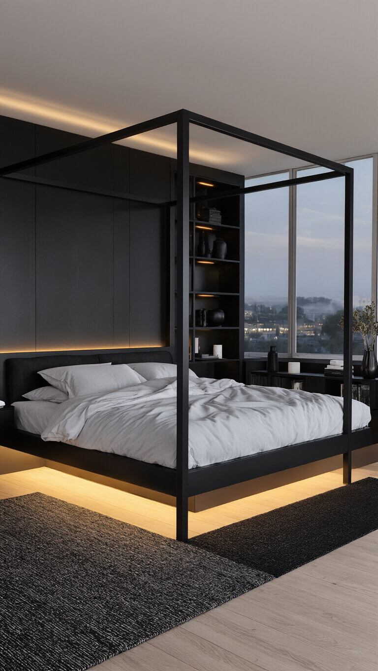Contemporary 13x15ft bedroom at dusk with matte black shelving, modern black canopy bed, ambient LED lighting, white oak floors, black wool rug, and minimalist black and white decor.