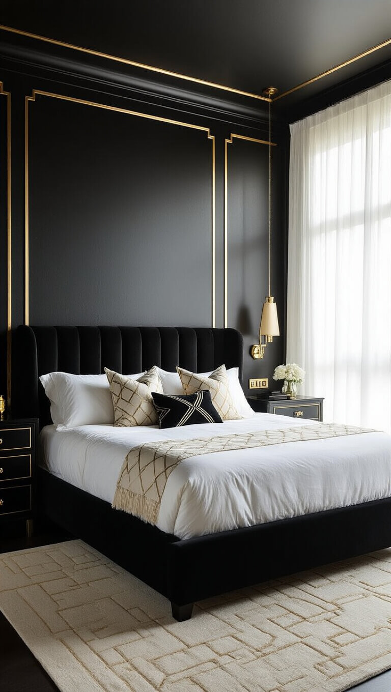 Art Deco 14x16ft bedroom with black gloss walls, gold trim, black velvet bed, white silk bedding, and floor-to-ceiling sheer curtains filtering morning light.