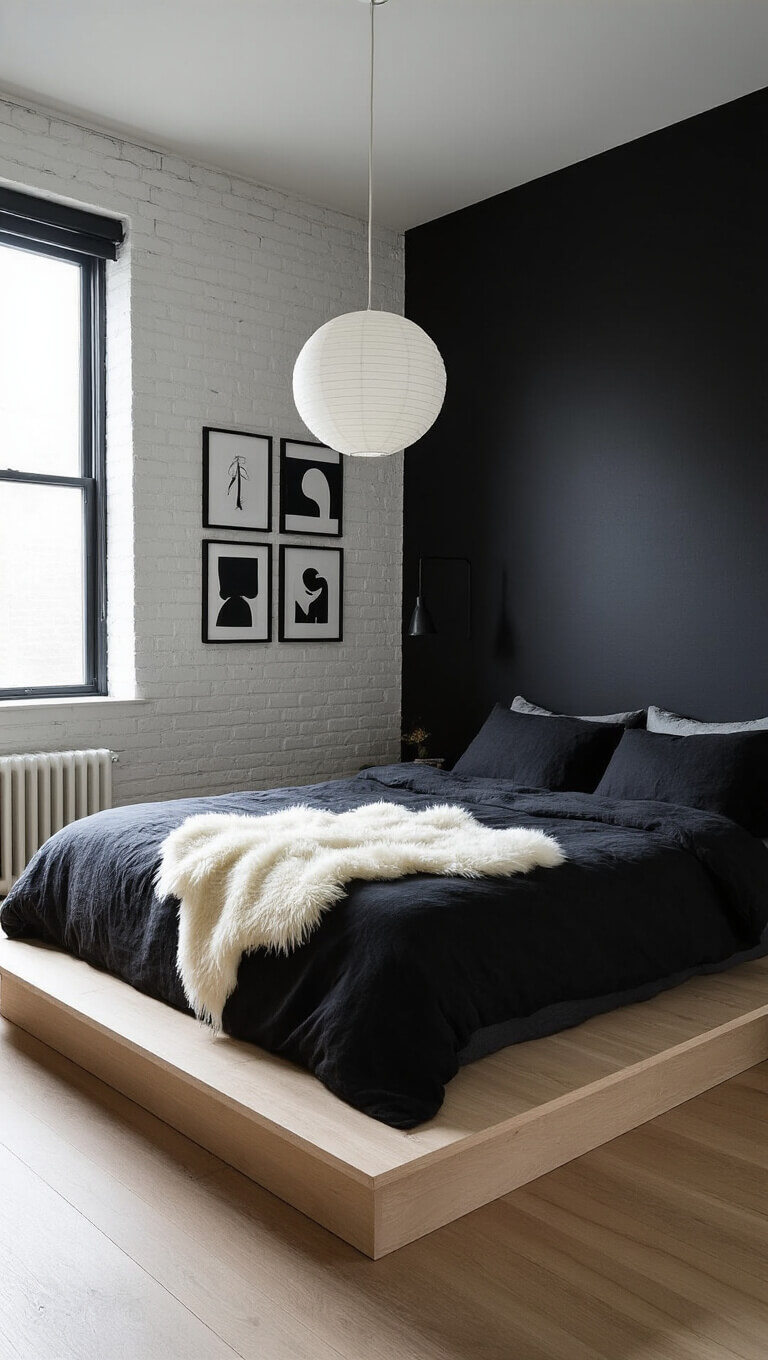 Nordic-minimal bedroom with matte black accent wall, platform bed in bleached oak, black linen bedding, and monochrome art in black frames.
