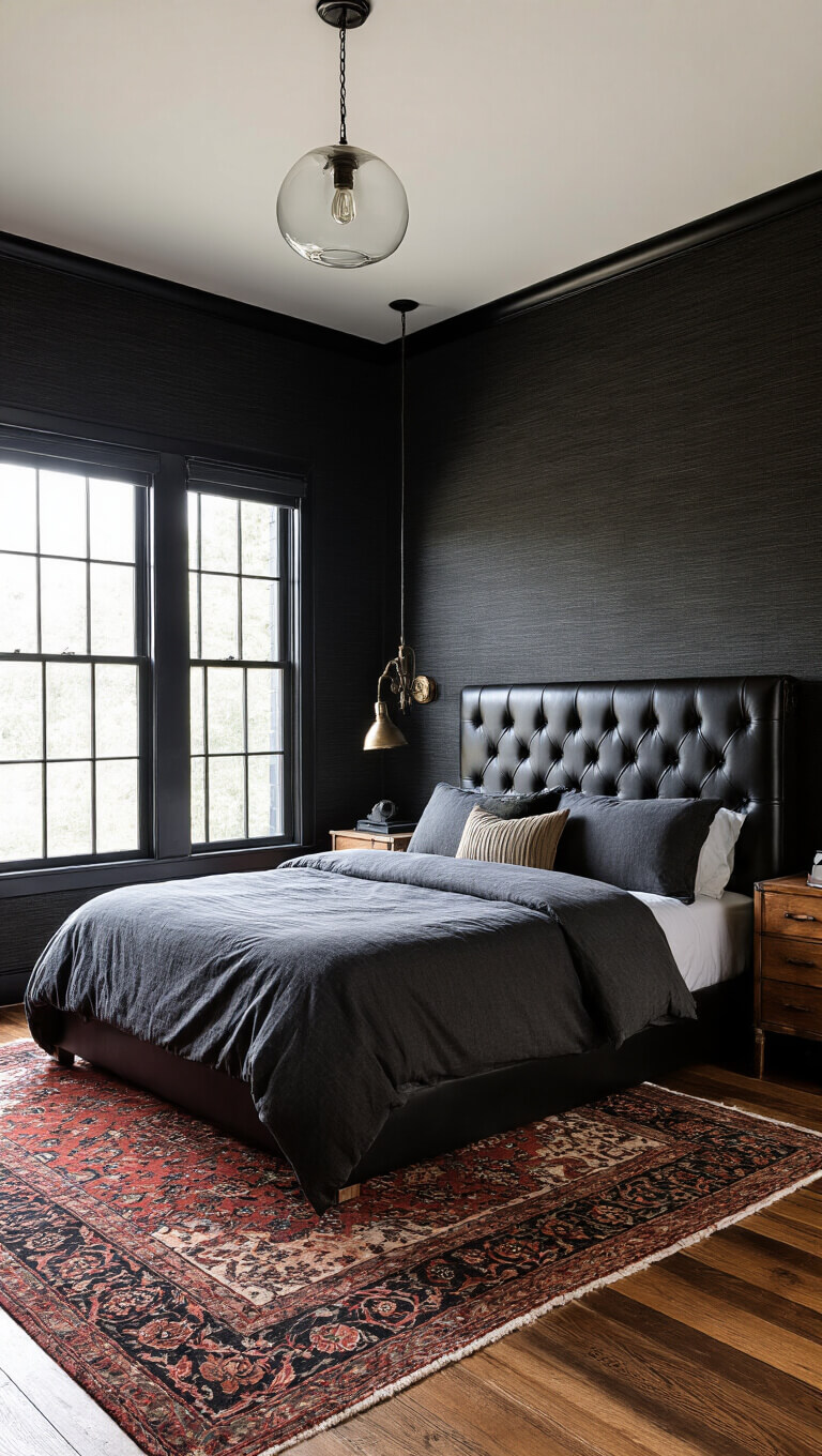 Moody masculine bedroom with black grasscloth walls, leather tufted headboard, mahogany floors, Persian rug, and brass industrial lighting in warm late afternoon light.