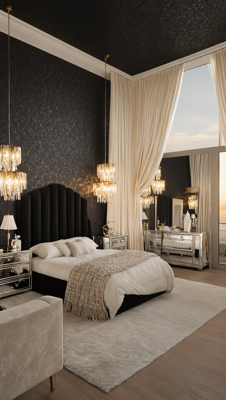 Luxurious 15x17ft bedroom at sunset with black pearl wallpaper, ivory silk drapes, tall black velvet headboard, crystal and brass lighting, and mirrored furniture.