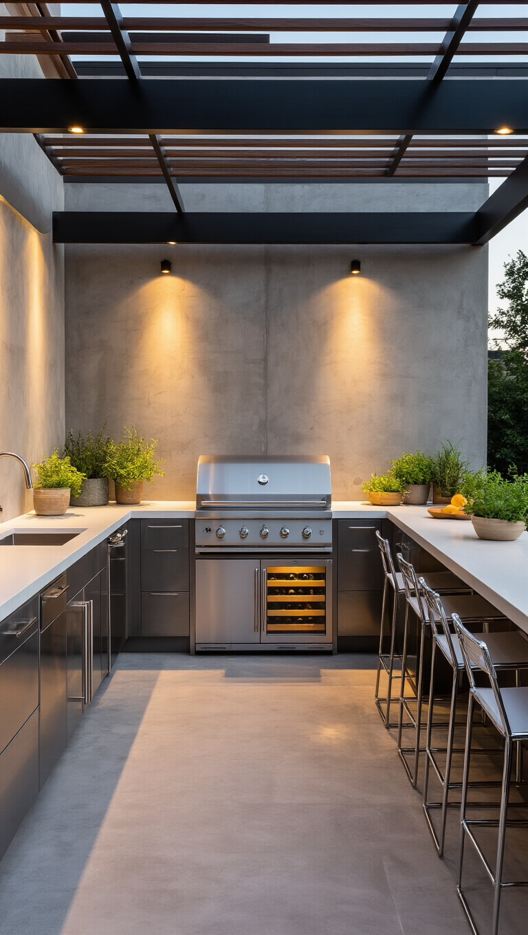 Modern minimalist outdoor kitchen with stainless steel appliances, white quartz countertops, and glass panels at golden hour.