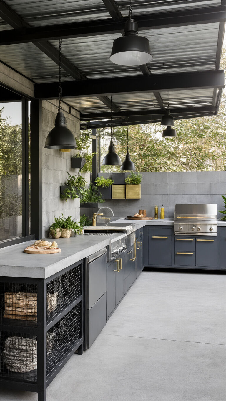 Industrial chic outdoor kitchen with concrete counters on black steel frame, stainless appliances, urban garden wall, and galvanized metal ceiling.