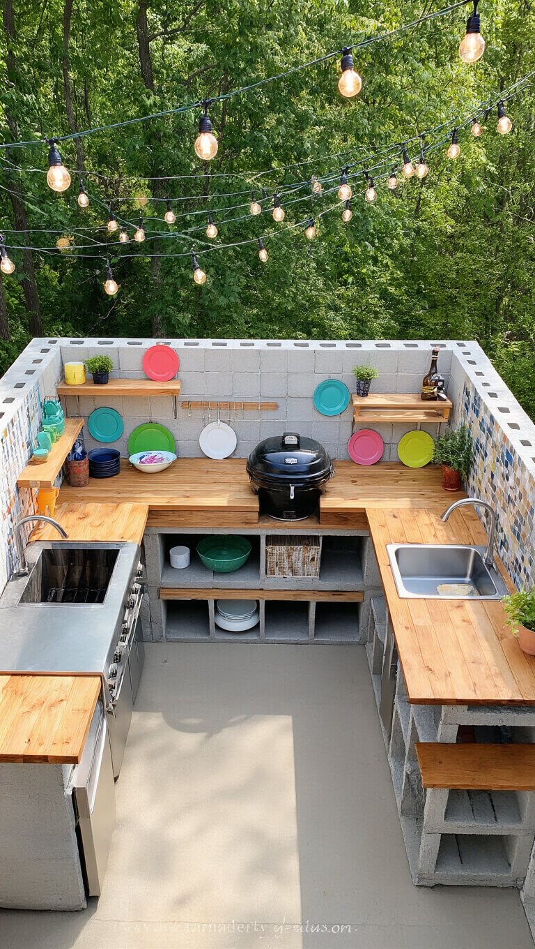 DIY outdoor kitchen with painted cinder block U-shape, wood countertops, charcoal grill, open shelving with melamine dishes, mosaic tile backsplash, string lights overhead, and metal prep table, viewed from above in afternoon sun.