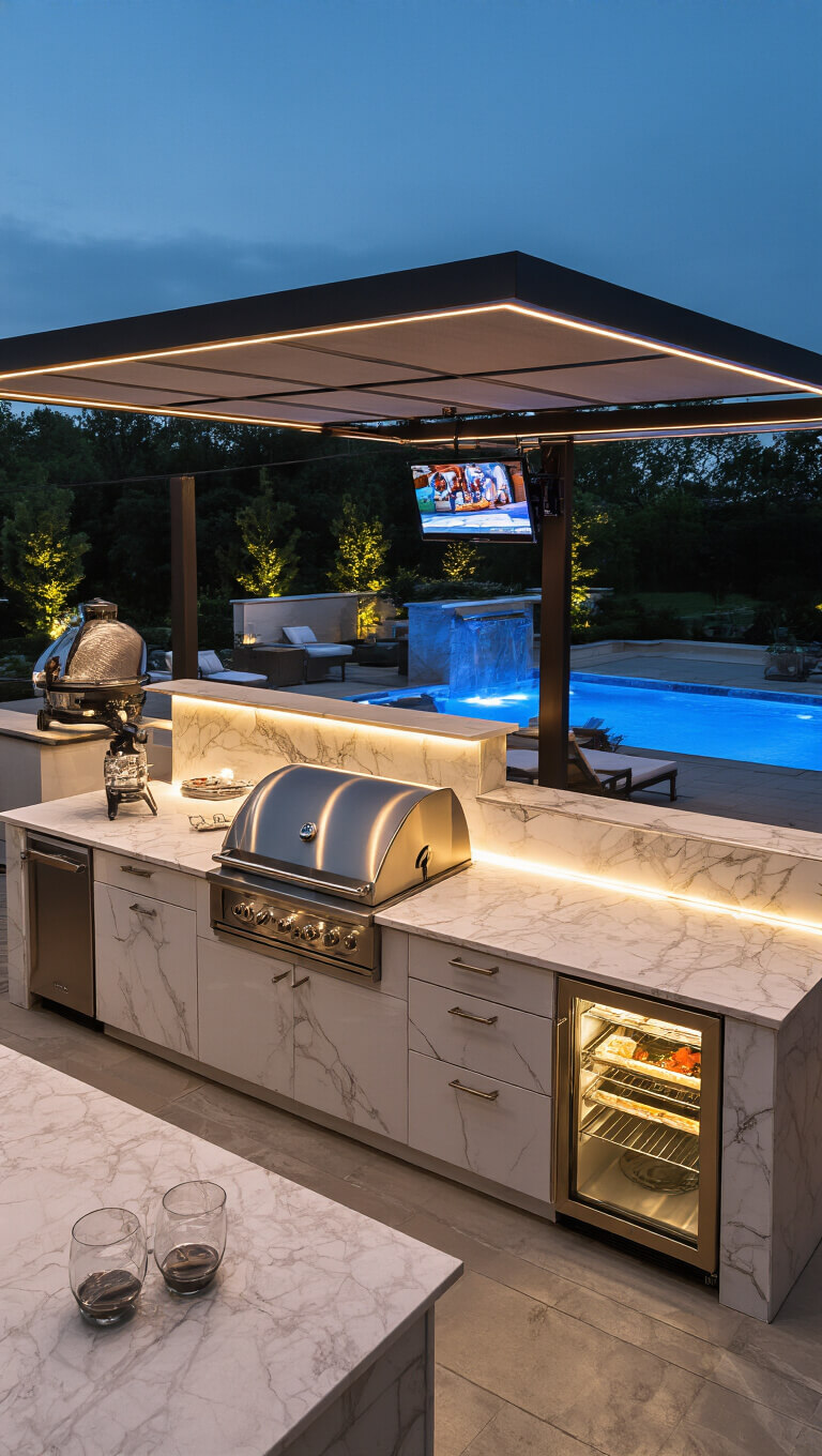 Luxury outdoor kitchen with marble counters and high-end appliances next to glowing blue pool at twilight.
