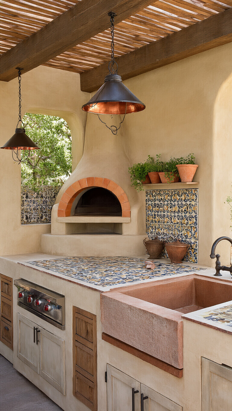 Mediterranean outdoor kitchen with terracotta stucco walls, hand-painted tiles, wood-fired pizza oven, stone sink, and wall-mounted herb planters.