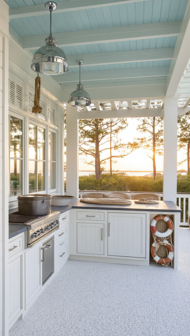 Coastal cottage outdoor kitchen with white-washed cedar cabinets, pale blue beadboard ceiling, marine lighting, and built-in lobster pot, bathed in sunrise light through pergola slats.