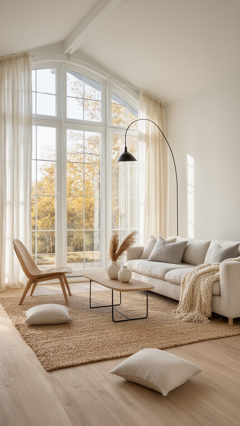 Scandinavian living room with white walls, oak floors, and oatmeal bouclé sofa bathed in golden hour light through sheer curtains.